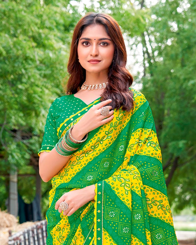 Vishal Prints Forest Green And Dark Yellow Fancy Chiffon Traditional Print Saree With Foil Print And Cut Work Border