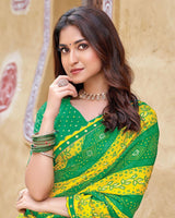 Vishal Prints Forest Green And Dark Yellow Fancy Chiffon Traditional Print Saree With Foil Print And Cut Work Border