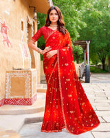 Vishal Prints Venetian Red And Flame Orange Fancy Chiffon Traditional Print Saree With Foil Print And Cut Work Border