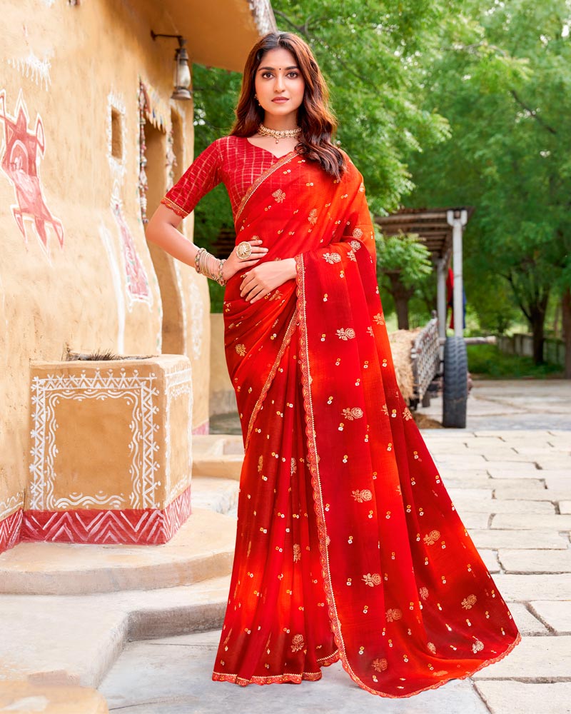 Vishal Prints Venetian Red And Flame Orange Fancy Chiffon Traditional Print Saree With Foil Print And Cut Work Border