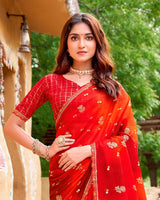 Vishal Prints Venetian Red And Flame Orange Fancy Chiffon Traditional Print Saree With Foil Print And Cut Work Border