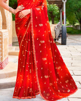 Vishal Prints Venetian Red And Flame Orange Fancy Chiffon Traditional Print Saree With Foil Print And Cut Work Border
