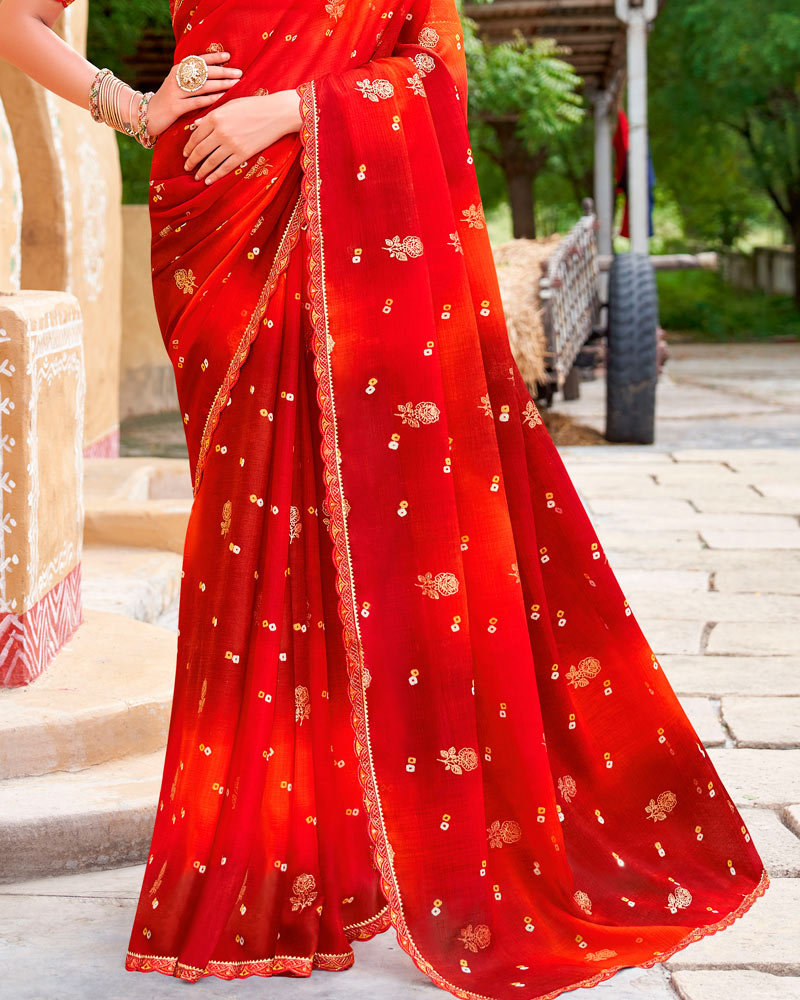 Vishal Prints Venetian Red And Flame Orange Fancy Chiffon Traditional Print Saree With Foil Print And Cut Work Border