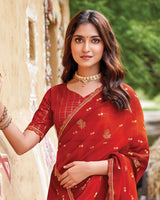 Vishal Prints Venetian Red And Flame Orange Fancy Chiffon Traditional Print Saree With Foil Print And Cut Work Border