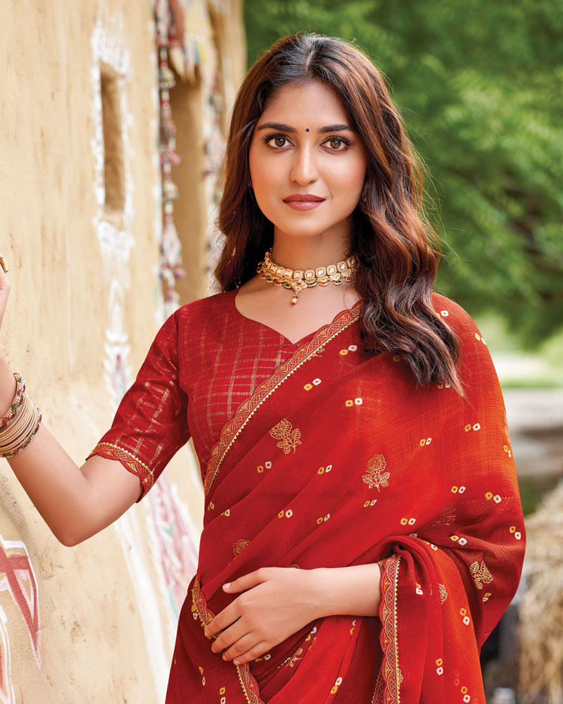 Vishal Prints Venetian Red And Flame Orange Fancy Chiffon Traditional Print Saree With Foil Print And Cut Work Border