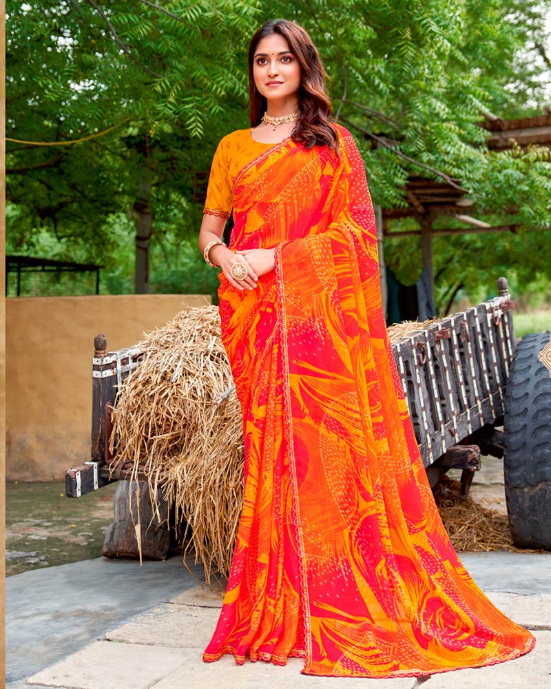 Vishal Prints Reddish Orange Fancy Chiffon Traditional Print Saree With Cut Work Border