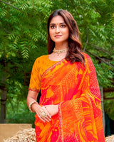 Vishal Prints Reddish Orange Fancy Chiffon Traditional Print Saree With Cut Work Border