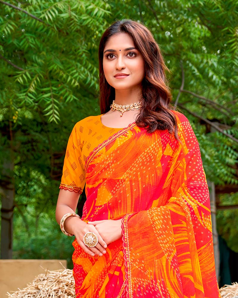 Vishal Prints Reddish Orange Fancy Chiffon Traditional Print Saree With Cut Work Border