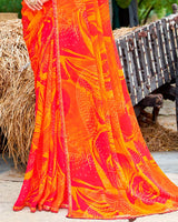 Vishal Prints Reddish Orange Fancy Chiffon Traditional Print Saree With Cut Work Border