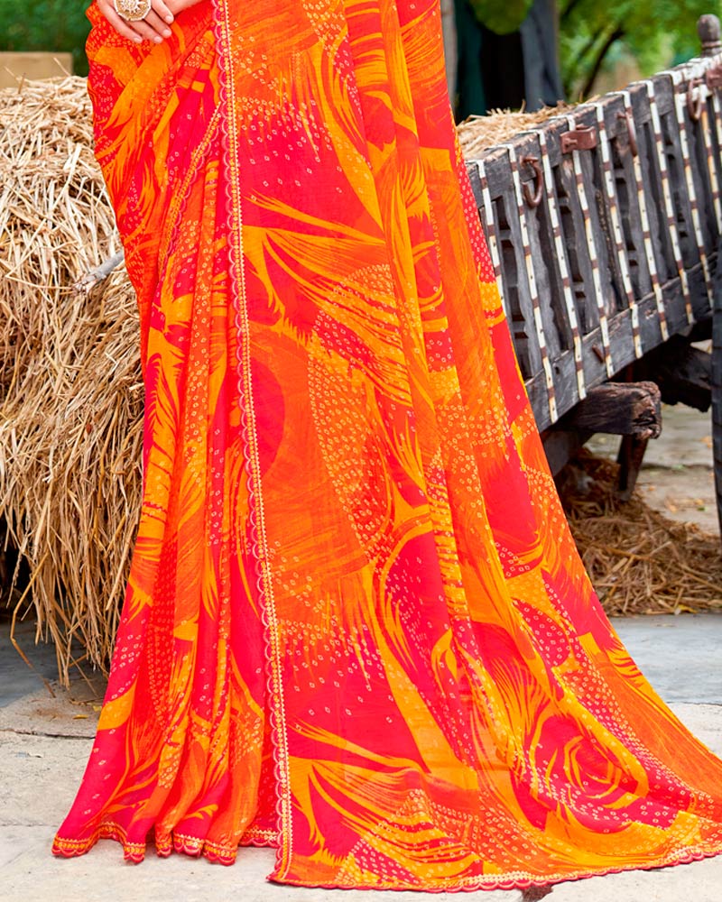 Vishal Prints Reddish Orange Fancy Chiffon Traditional Print Saree With Cut Work Border