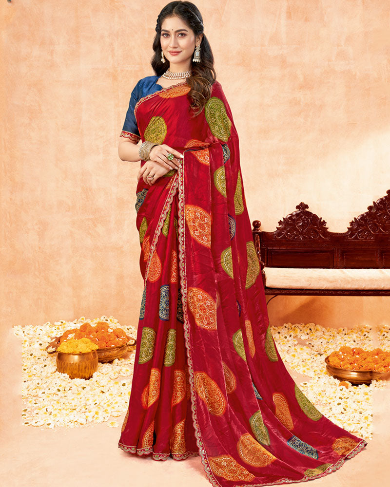 Vishal Prints Shiraz Red Printed Fancy Satin Traditional Print Saree With Foil Print And Cut Work Border