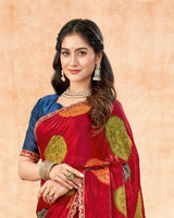 Vishal Prints Shiraz Red Printed Fancy Satin Traditional Print Saree With Foil Print And Cut Work Border