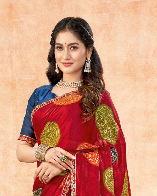 Vishal Prints Shiraz Red Printed Fancy Satin Traditional Print Saree With Foil Print And Cut Work Border