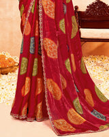 Vishal Prints Shiraz Red Printed Fancy Satin Traditional Print Saree With Foil Print And Cut Work Border