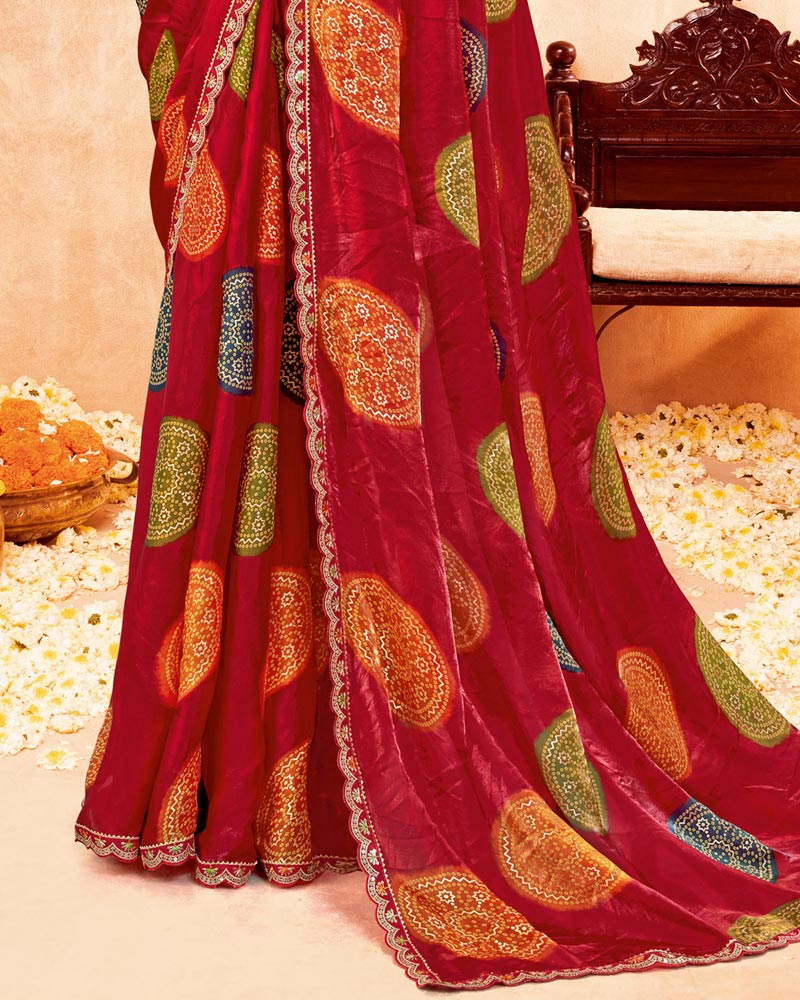 Vishal Prints Shiraz Red Printed Fancy Satin Traditional Print Saree With Foil Print And Cut Work Border