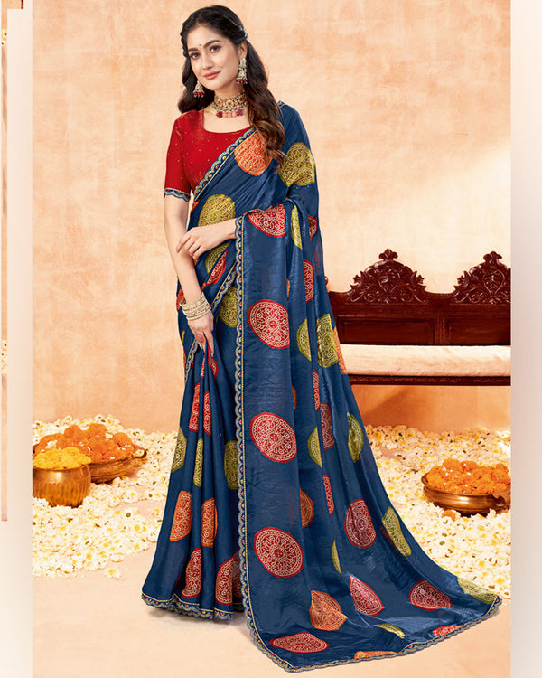 Vishal Prints Dark Grey Blue Printed Fancy Satin Traditional Print Saree With Foil Print And Cut Work Border