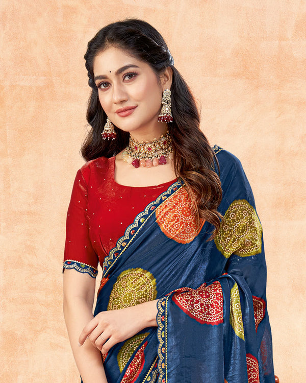 Vishal Prints Dark Grey Blue Printed Fancy Satin Traditional Print Saree With Foil Print And Cut Work Border