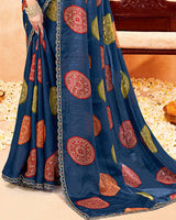 Vishal Prints Dark Grey Blue Printed Fancy Satin Traditional Print Saree With Foil Print And Cut Work Border