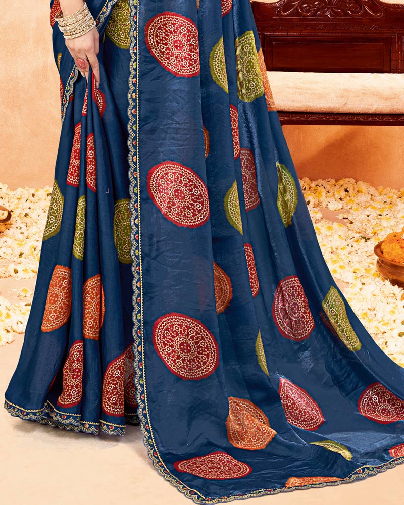 Vishal Prints Dark Grey Blue Printed Fancy Satin Traditional Print Saree With Foil Print And Cut Work Border