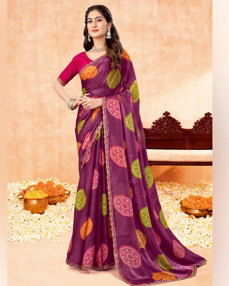 Vishal Prints Dark Wineberry Printed Fancy Satin Traditional Print Saree With Foil Print And Cut Work Border
