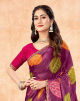 Vishal Prints Dark Wineberry Printed Fancy Satin Traditional Print Saree With Foil Print And Cut Work Border