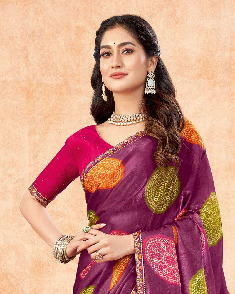 Vishal Prints Dark Wineberry Printed Fancy Satin Traditional Print Saree With Foil Print And Cut Work Border