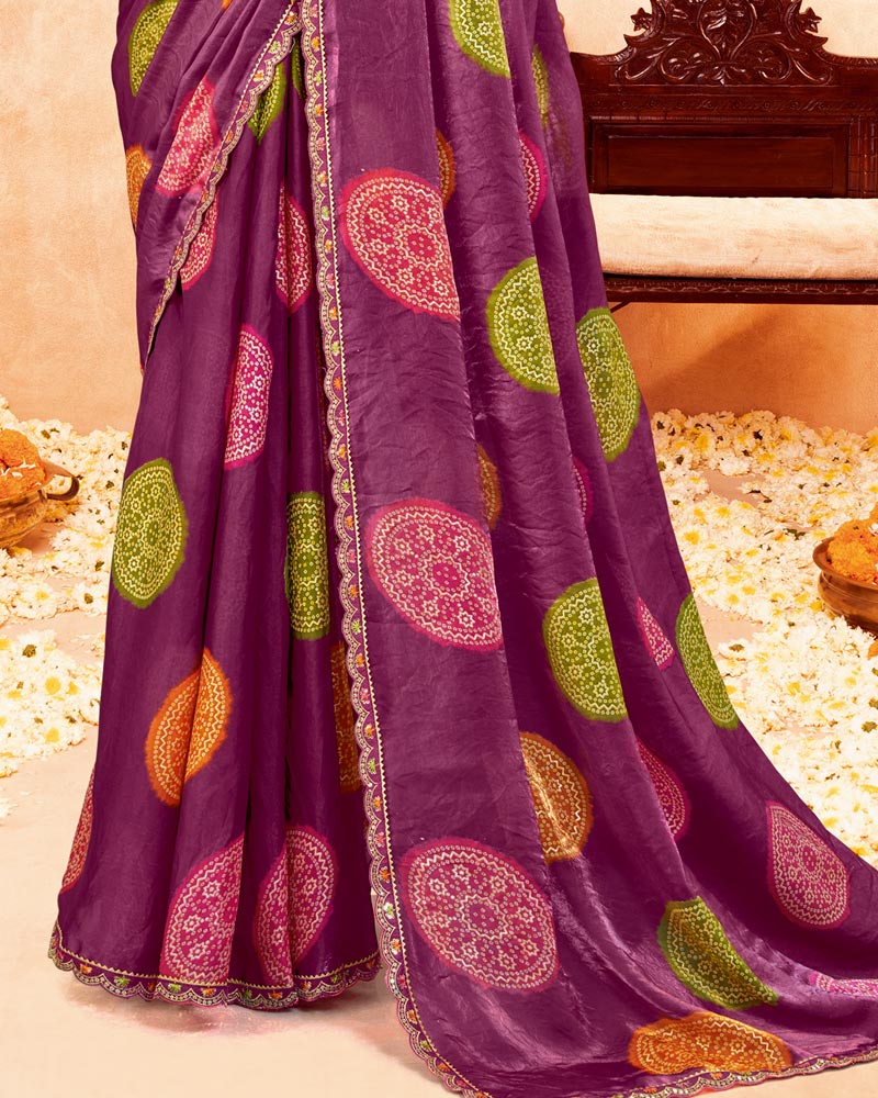 Vishal Prints Dark Wineberry Printed Fancy Satin Traditional Print Saree With Foil Print And Cut Work Border