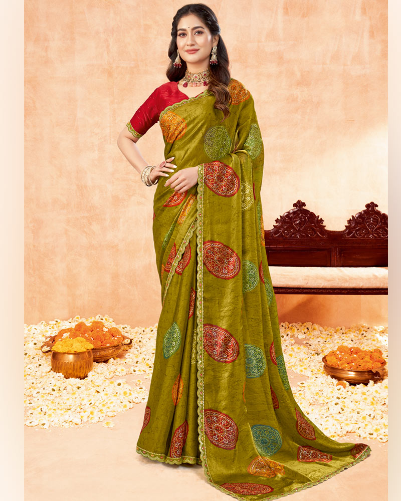 Vishal Prints Lemon Ginger Printed Fancy Satin Traditional Print Saree With Foil Print And Cut Work Border