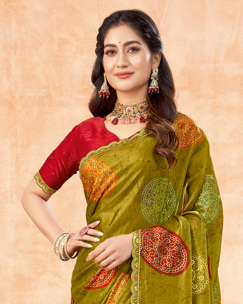 Vishal Prints Lemon Ginger Printed Fancy Satin Traditional Print Saree With Foil Print And Cut Work Border