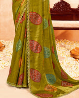 Vishal Prints Lemon Ginger Printed Fancy Satin Traditional Print Saree With Foil Print And Cut Work Border