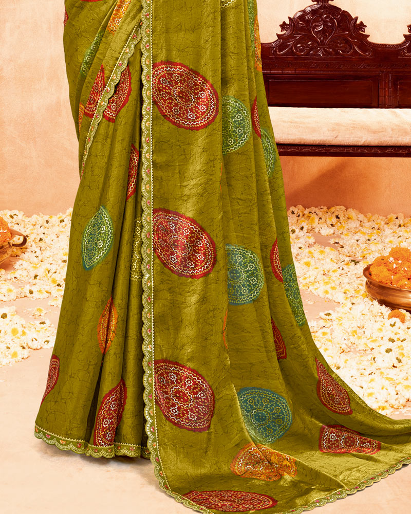 Vishal Prints Lemon Ginger Printed Fancy Satin Traditional Print Saree With Foil Print And Cut Work Border
