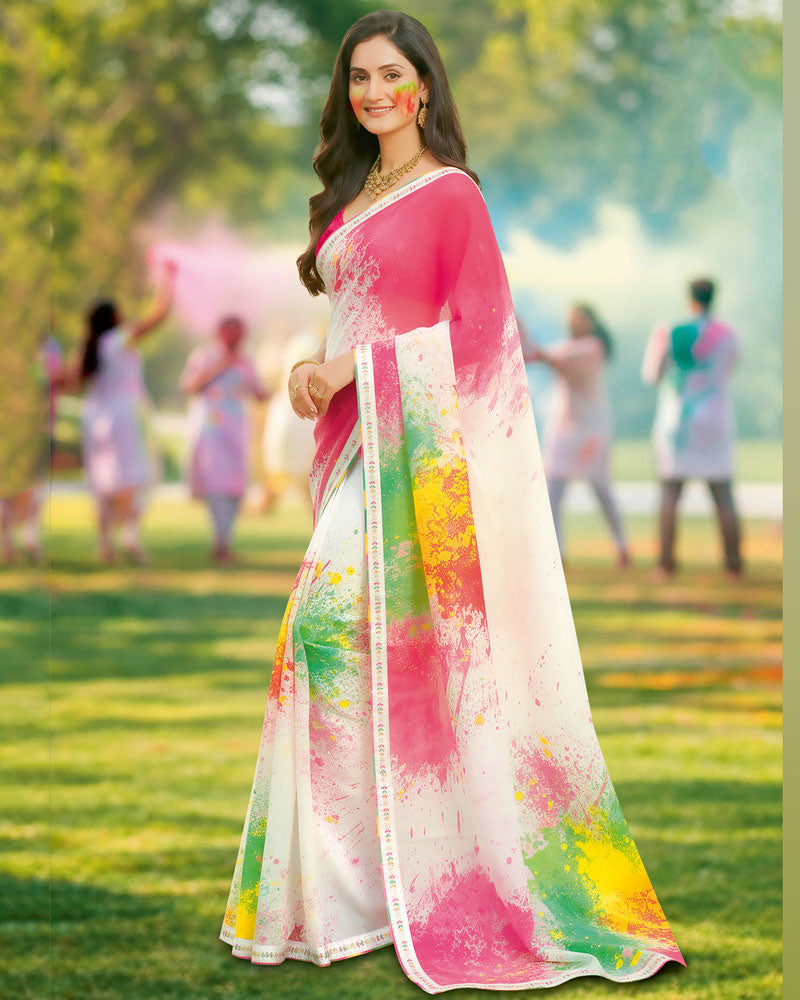 Vishal Prints Spanish White And Rose Pink Digital Print Georgette Saree With Fancy Border