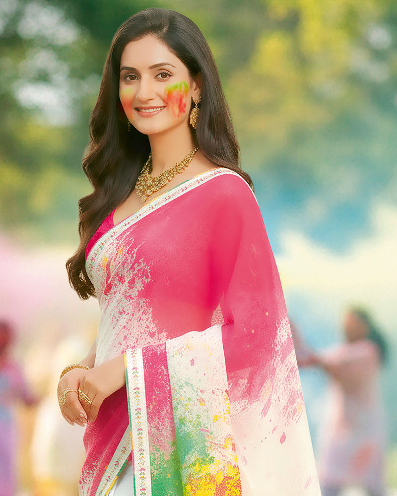 Vishal Prints Spanish White And Rose Pink Digital Print Georgette Saree With Fancy Border