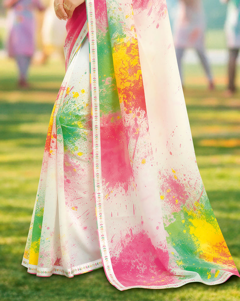 Vishal Prints Spanish White And Rose Pink Digital Print Georgette Saree With Fancy Border