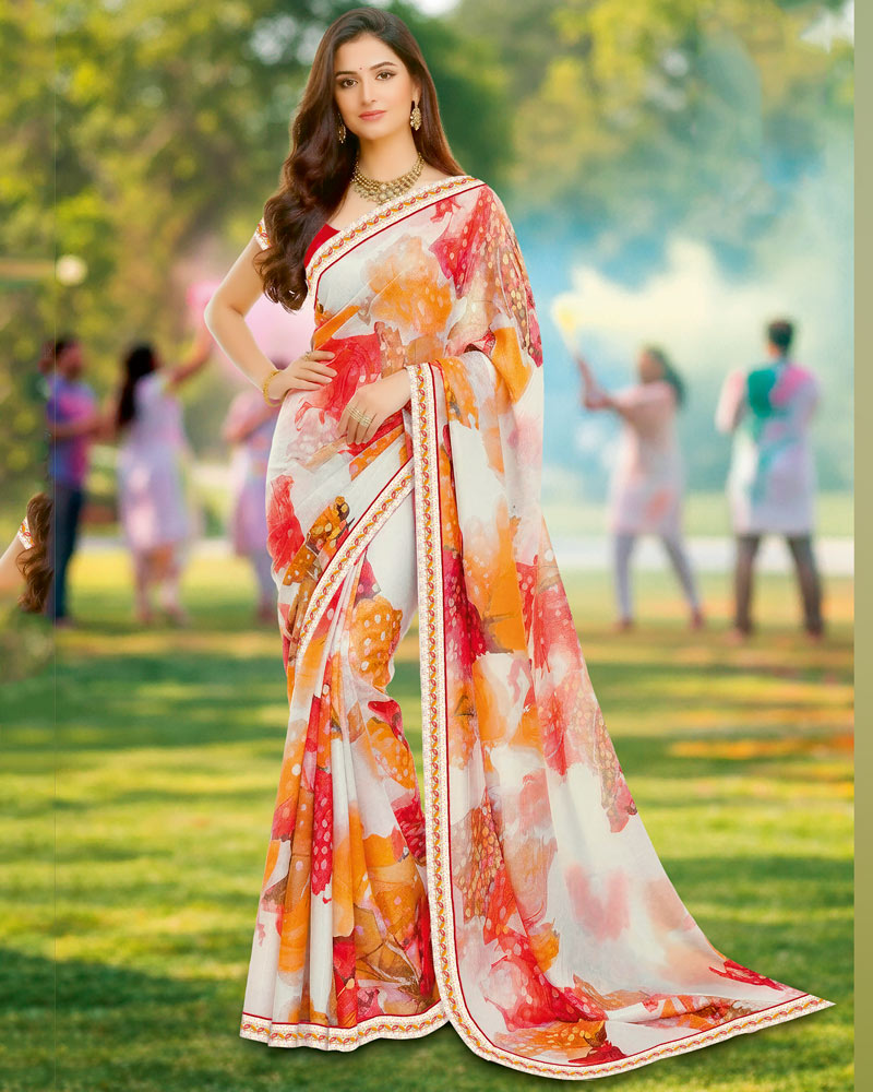 Vishal Prints Spanish White And Pumpkin Orange Digital Print Georgette Saree With Fancy Border