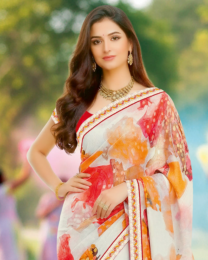 Vishal Prints Spanish White And Pumpkin Orange Digital Print Georgette Saree With Fancy Border