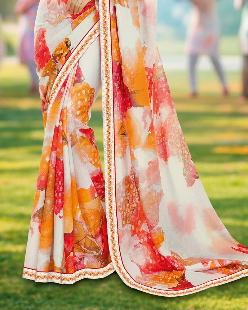 Vishal Prints Spanish White And Pumpkin Orange Digital Print Georgette Saree With Fancy Border