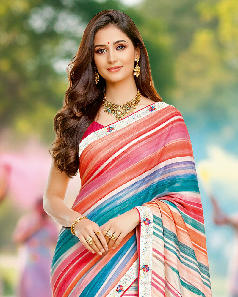 Vishal Prints Multi-Color Digital Print Georgette Saree With Fancy Border