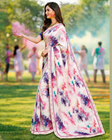 Vishal Prints Spanish White And Dark Lavender Digital Print Georgette Saree With Fancy Border