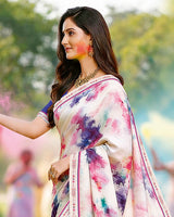 Vishal Prints Spanish White And Dark Lavender Digital Print Georgette Saree With Fancy Border