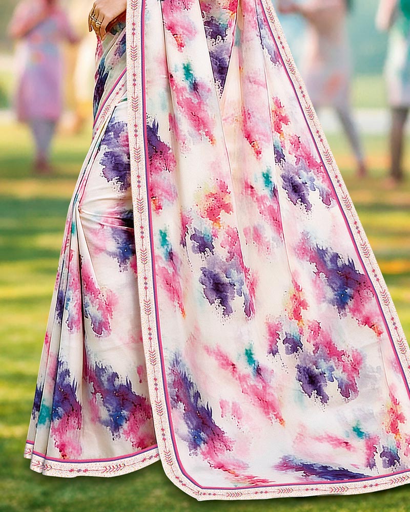 Vishal Prints Spanish White And Dark Lavender Digital Print Georgette Saree With Fancy Border