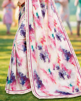 Vishal Prints Spanish White And Dark Lavender Digital Print Georgette Saree With Fancy Border