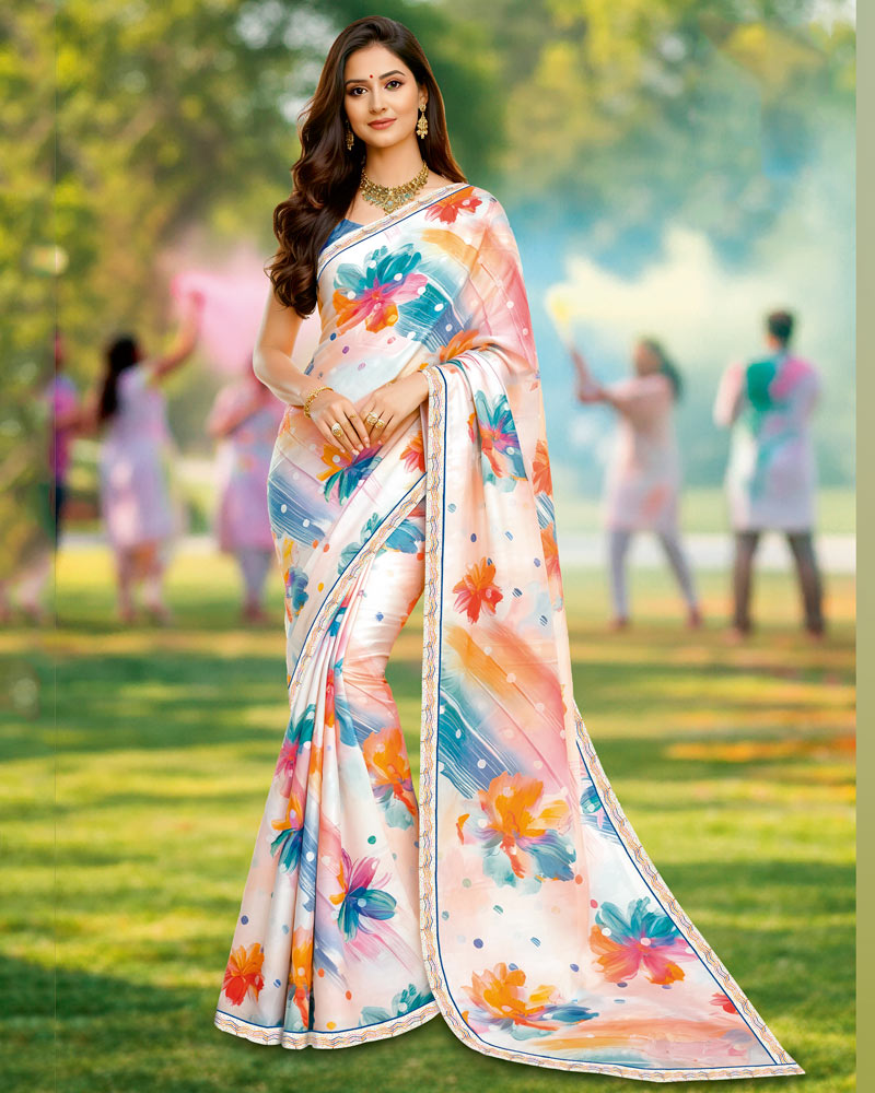 Vishal Prints Spanish White And Dusty Blue Digital Print Georgette Saree With Fancy Border