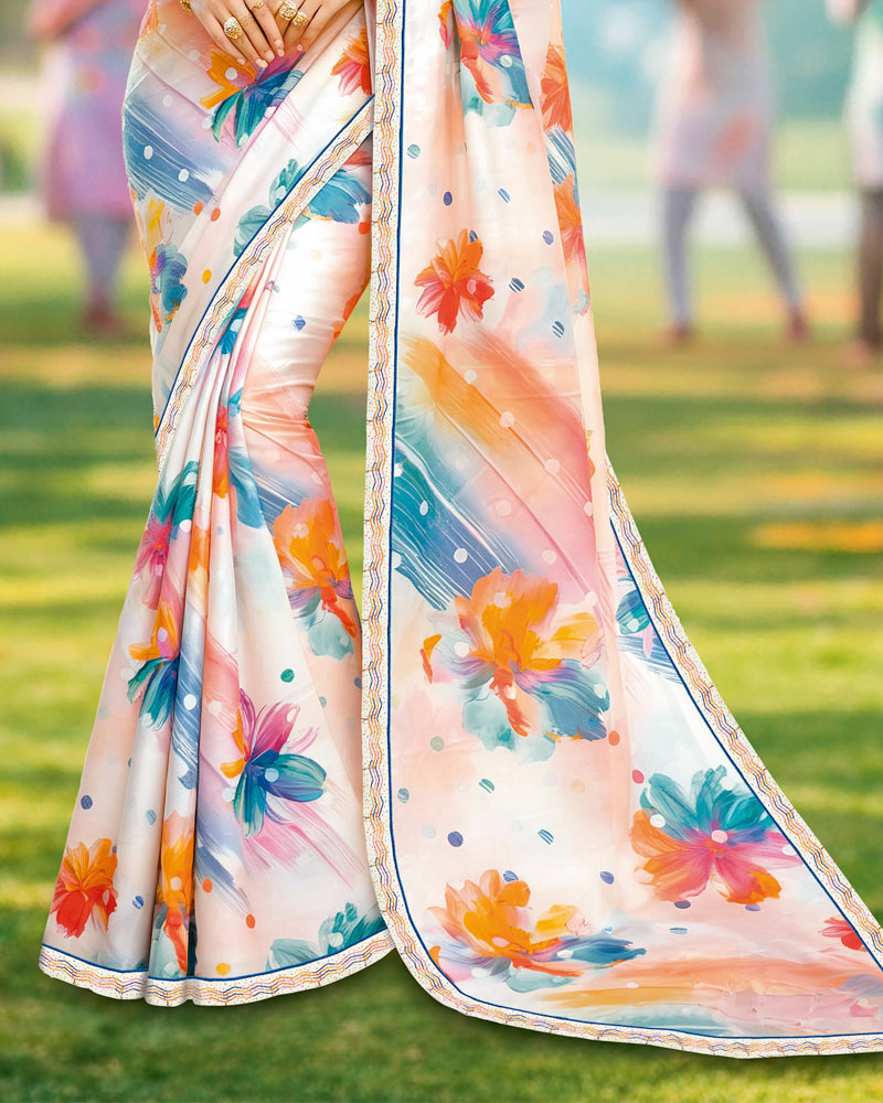 Vishal Prints Spanish White And Dusty Blue Digital Print Georgette Saree With Fancy Border
