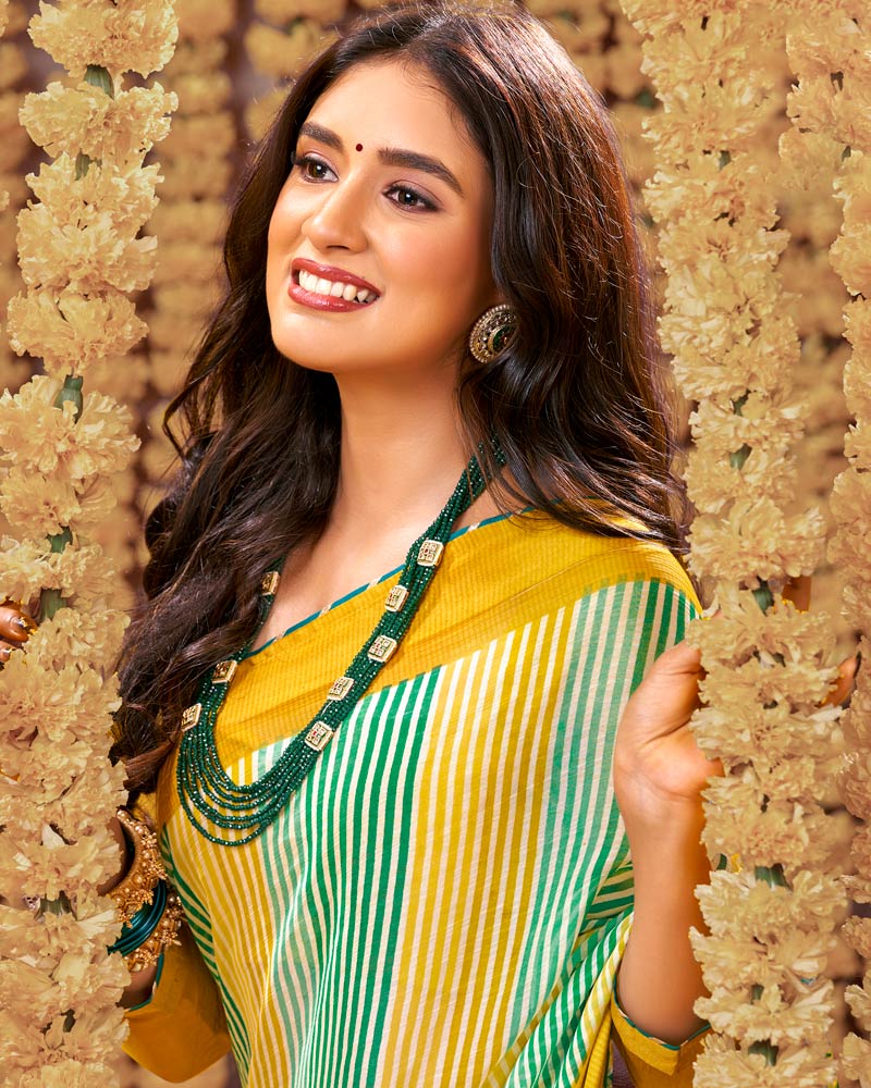 Vishal Prints Mustard And Teal Printed Saree Georgette Saree With Border