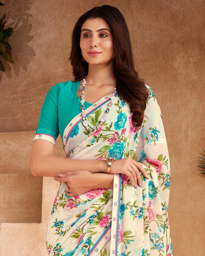 Vishal Prints Off White And Multi Color Printed Georgette Saree With Fancy Border