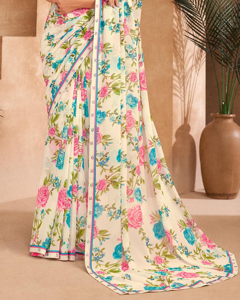 Vishal Prints Off White And Multi Color Printed Georgette Saree With Fancy Border