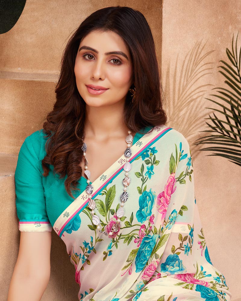 Vishal Prints Off White And Multi Color Printed Georgette Saree With Fancy Border