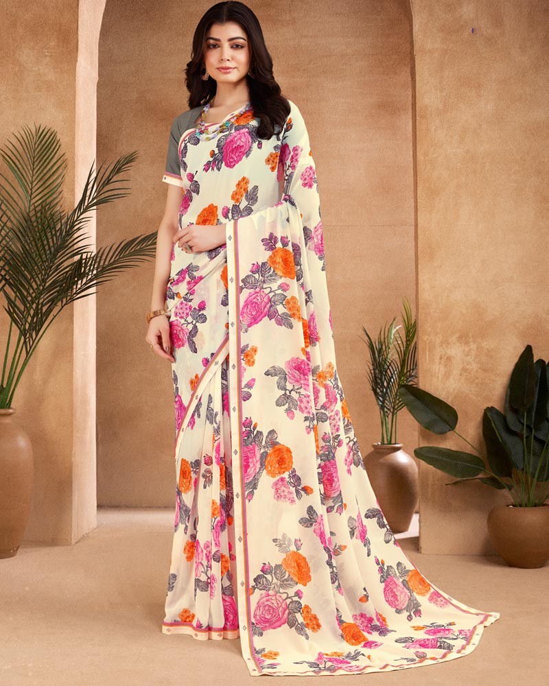 Vishal Prints Ivory And Multi Color Printed Georgette Saree With Fancy Border