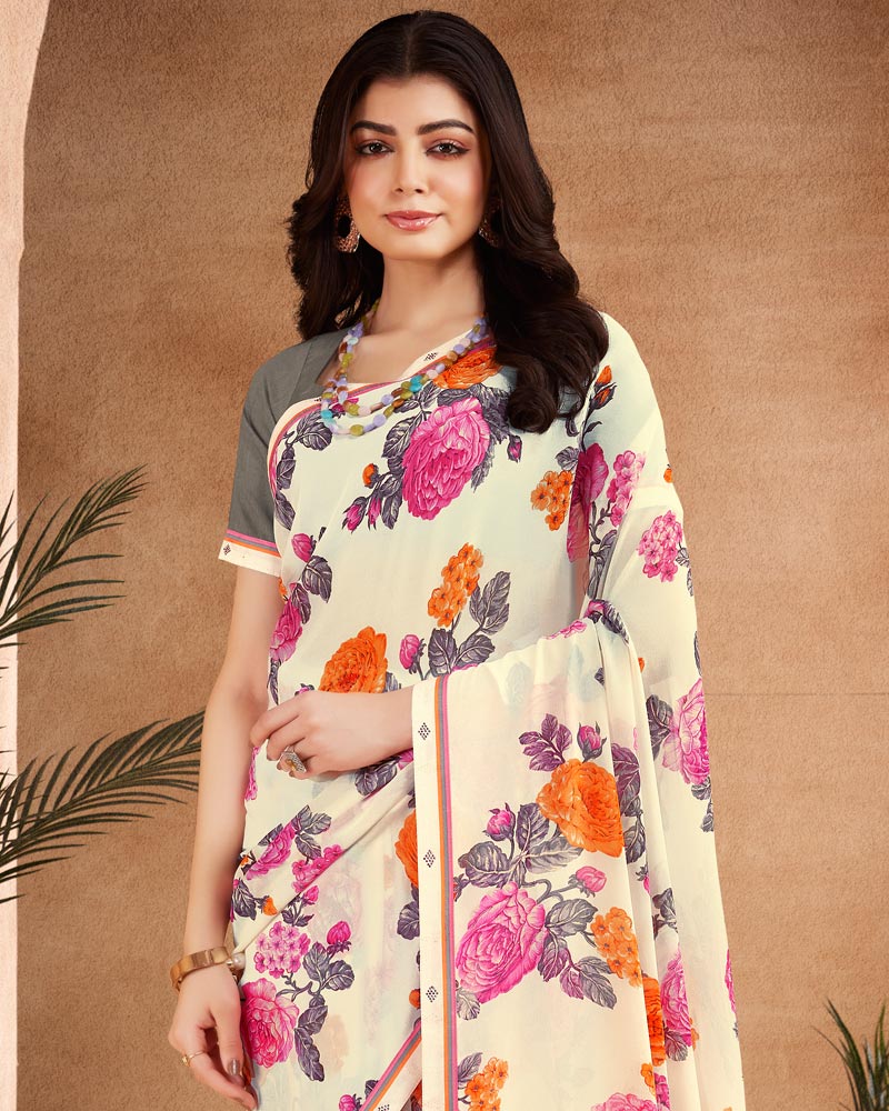 Vishal Prints Ivory And Multi Color Printed Georgette Saree With Fancy Border